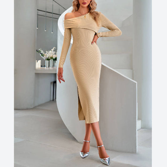 Fashion Sloping Shoulder Slim Knit Dress Wholesale Dresses