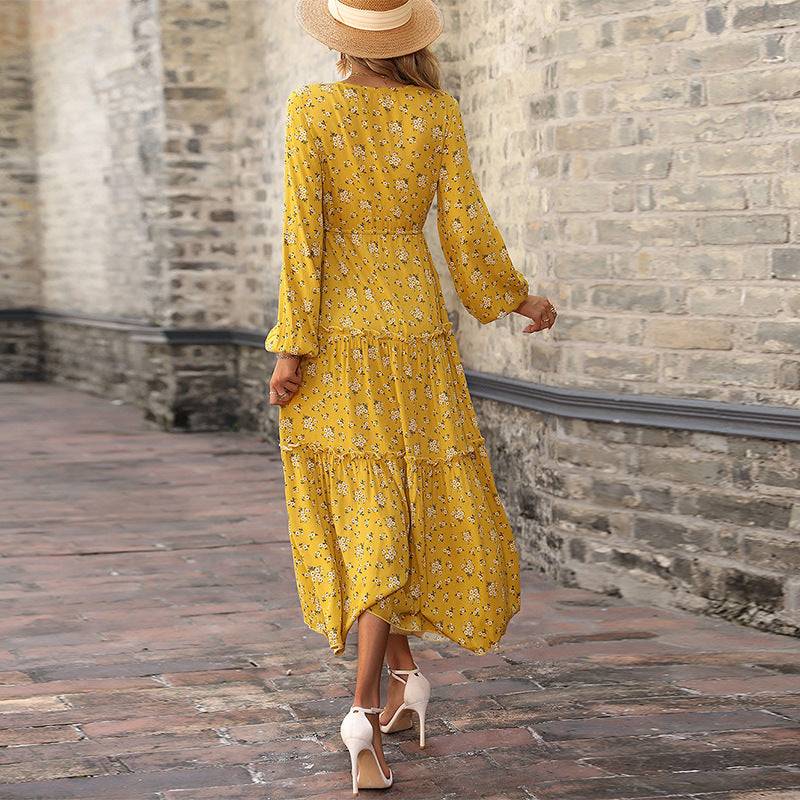 V-Neck Floral Print Long Sleeve Slit Smocked Dress Wholesale Maxi Dresses