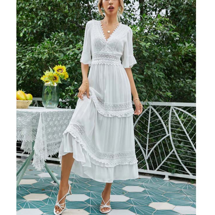 Lace Stitching Short Sleeve V-Neck Open Back Mid-Length White Resort Swing Ruffled Dress Wholesale Dresses