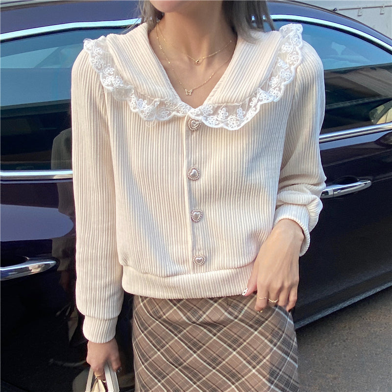 Solid Color Lace Stitching Doll Collar Women'S Shirt Long Sleeve Corduroy Thick Wholesale Blouse