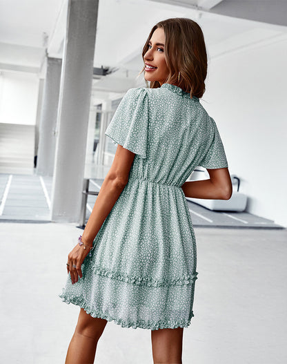 Printed Short Sleeve Agaric Laces Ruffled Dress Wholesale Dresses