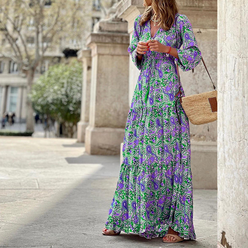 Printed V-Neck Long Sleeve Mid Length Smocked Dress Wholesale Maxi Dresses