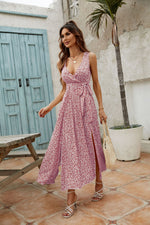 V-Neck Low-Cut Floral Print Sleeveless Slit Belt Temperament Dress Wholesale Dresses