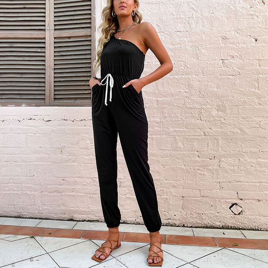 Off-Shoulder Solid Lace-Up Wholesale Jumpsuits