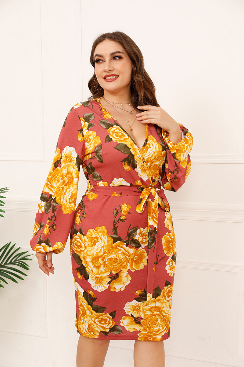 Floral Print Long Sleeve V Neck Tie Waist Wholesale Plus Size Dresses