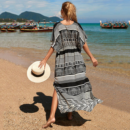 Tie-Up Waist Casual Geometric Print Loose Beach Blouse Resort Beachwear Cover Up Wholesale Maxi Dresses