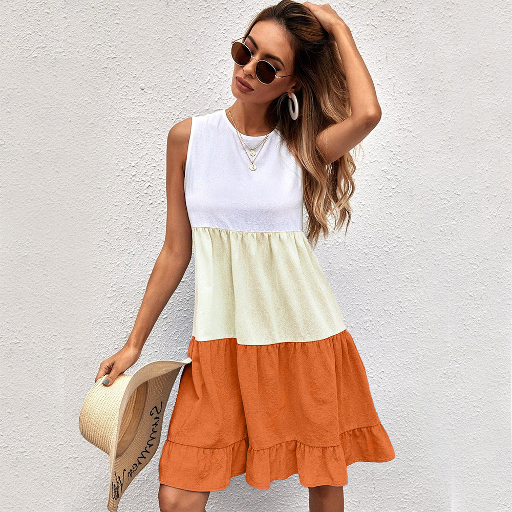 Loose Casual Colorblock Ruffled Sleeveless Wholesale Dresses