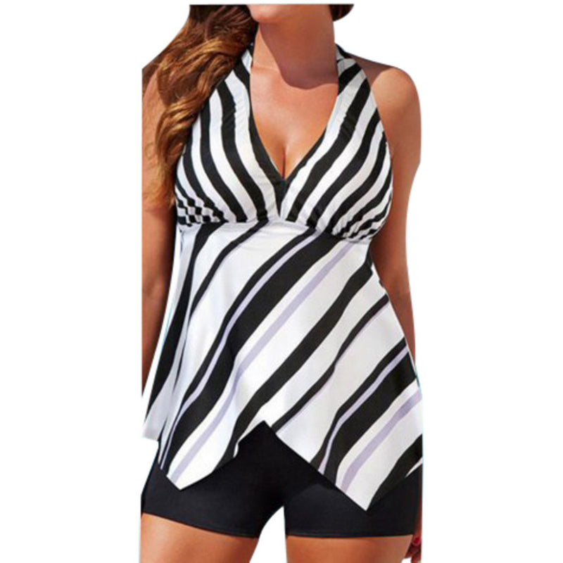 Women Deep V-neck Backless Stripe Two-piece Swimsuit Tankinis
