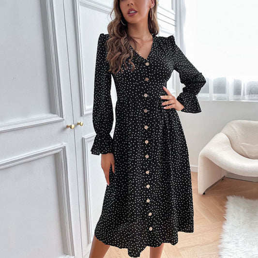 Fashion V Neck Polka Dot Dress Casual Long Sleeve Wholesale Dresses