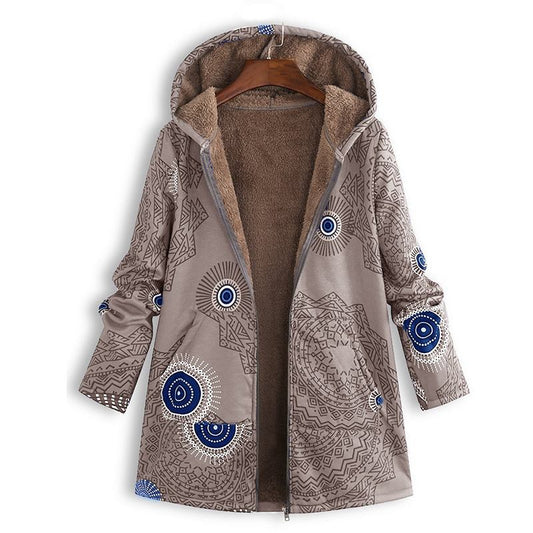 Retro Print Hooded Jacket Loose Plush Lining Long Sleeve Zipper Wholesale Womens Coats With Pockets