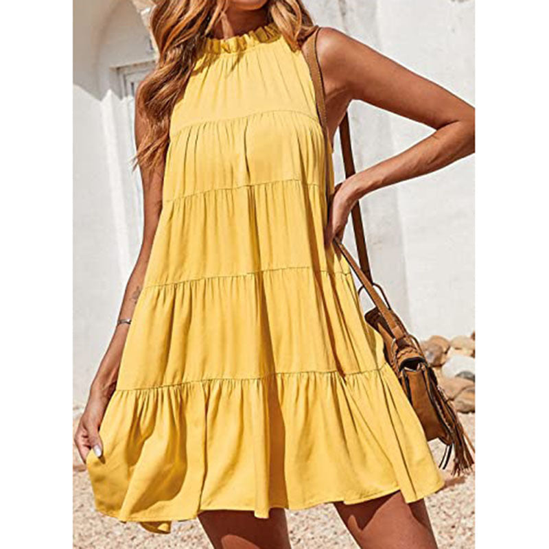 Sleeveless Solid Color Crew Neck Ruffle Pleated Loose Smocked Dress Wholsale Dresses