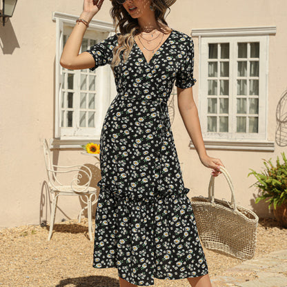 V Neck Tie-Waist Daisy Print Midi Ruffled Swing Dress Wholesale Dresses