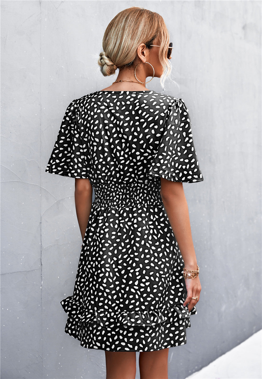 V-Neck Printed Flare Sleeve Ruffles Nipped Waist Resort Dress Wholesale Dresses