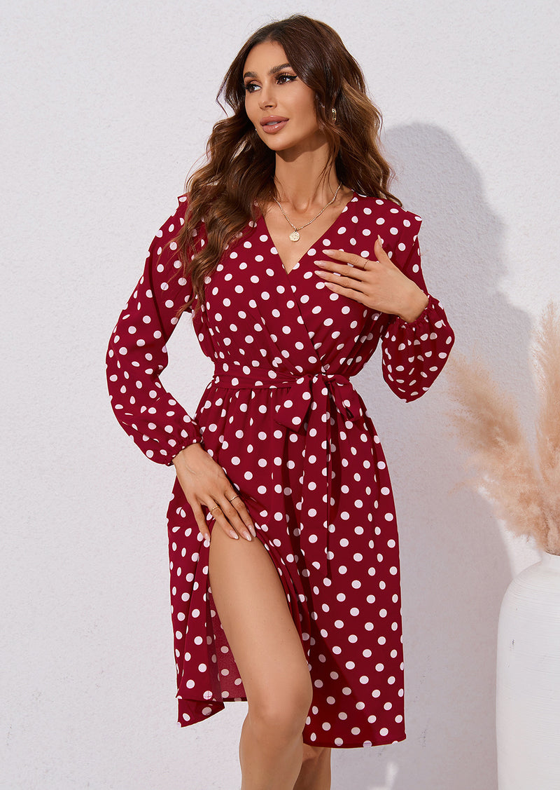Polka Dot Print V-Neck Long Sleeve Casual Dress Wholesale Dresses