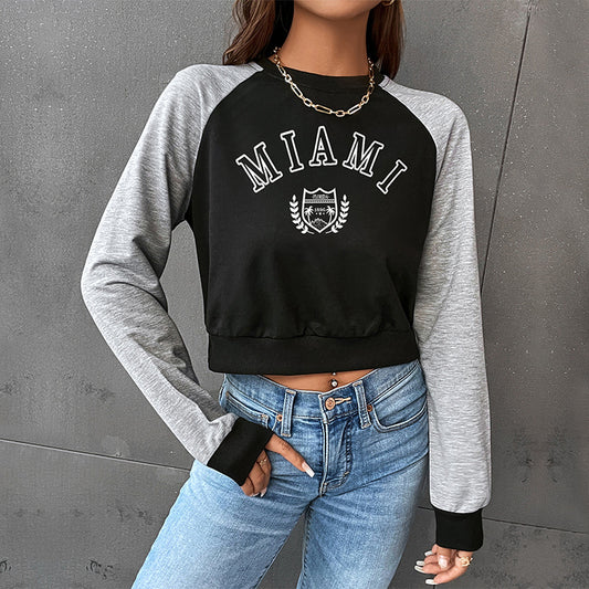 Preppy Style Pullover Cropped Round Neck Sweatshirt Wholesale Womens Tops