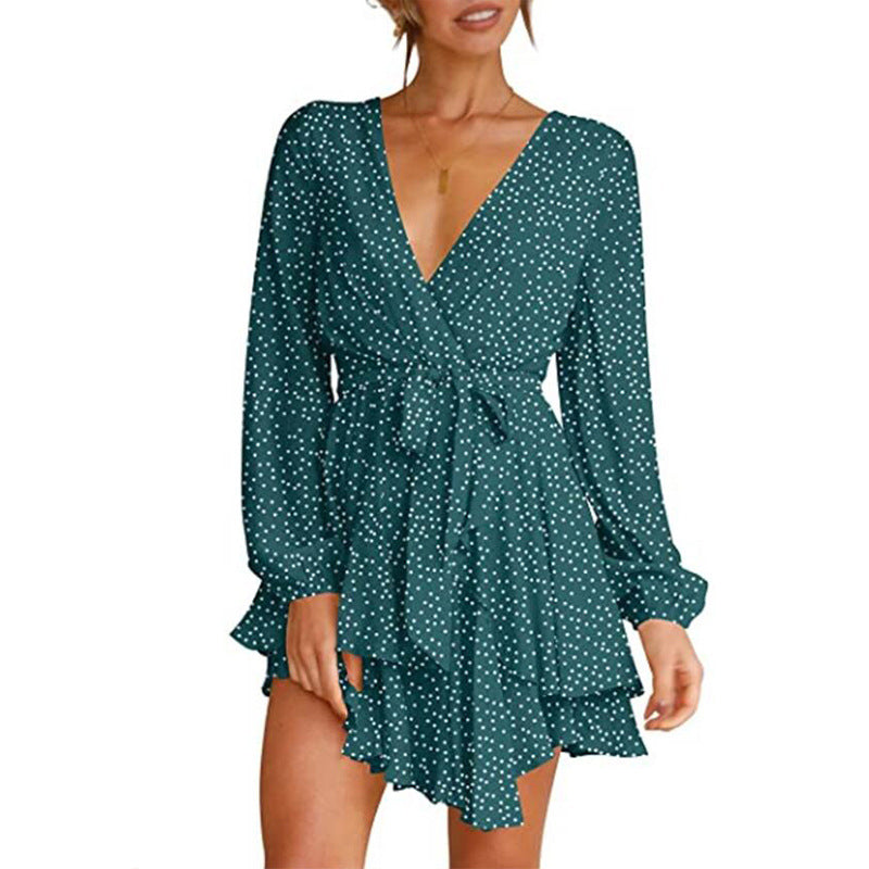 Polka Dot Print Long Sleeve V Neck Wholesale Swing Dresses With Belt