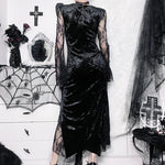 Dark Style Splicing See-Through Lace Slim-Fit Slit Trumpet Sleeve Dress Wholesale Dresses