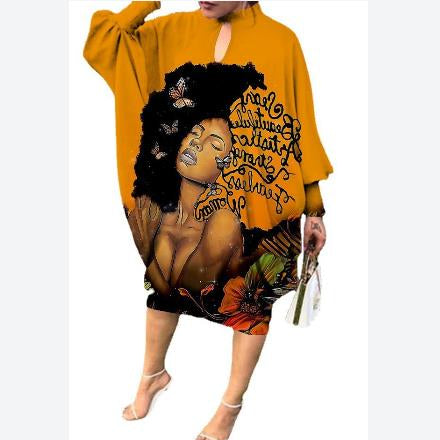 Plus Size Raglan Sleeve Wholesale Printing Midi Dress