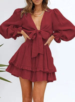 Solid Color V-Neck Tieback Bowknot Long Lantern Sleeve Ruffle Dress Casual Wholesale Dresses