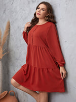 Wholesale Plus Size Women Clothing Loose Long Sleeve Ruffle Casual Midi Dress