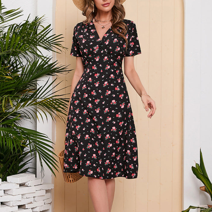 V-Neck Printed Slim Midi A-Line Chiffon Dress Wholesale Dresses