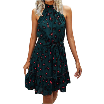 Polka Dot Print Sleeveless Halterneck Tie Waist Wholesale Swing Dresses