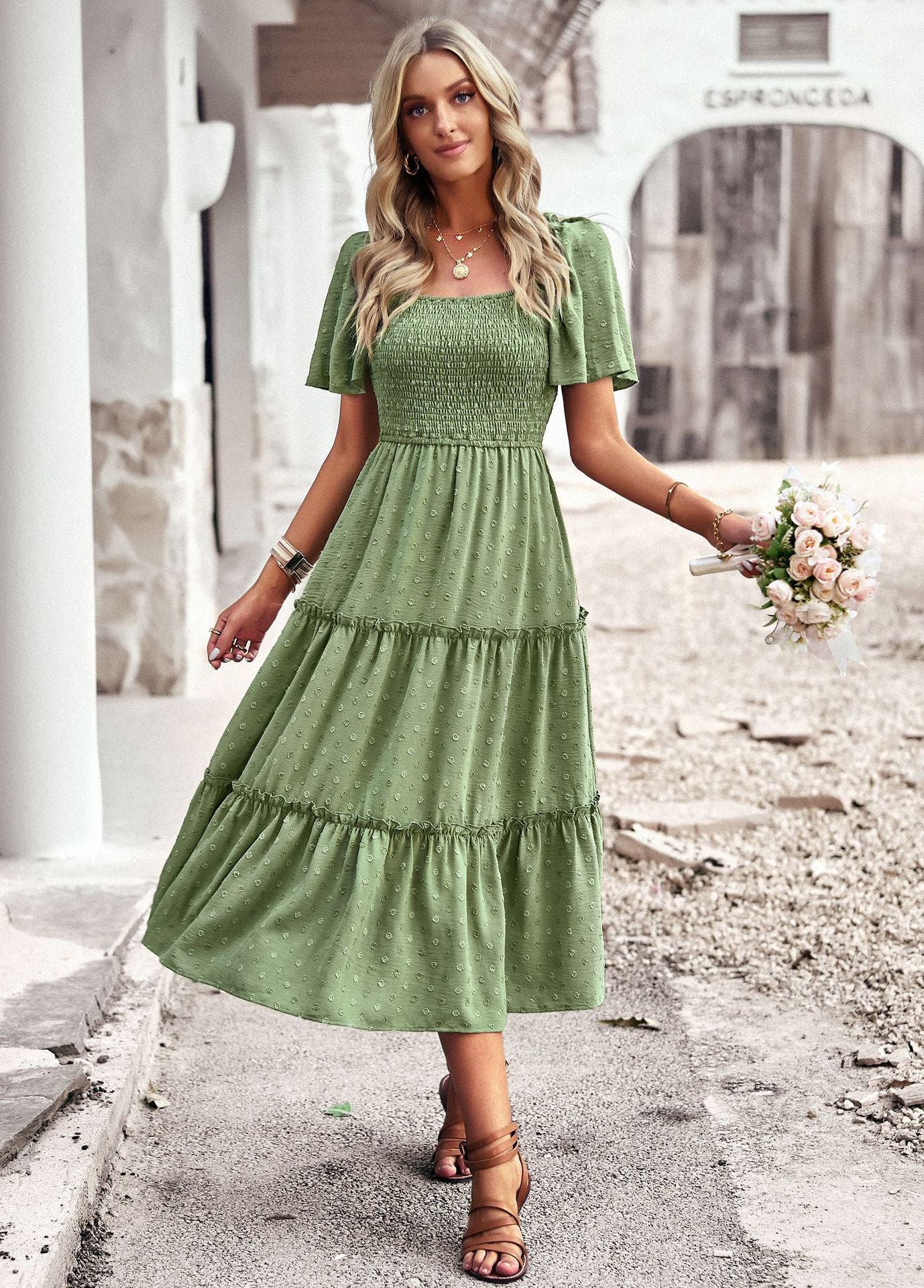 Solid Color Casual Slim Waist Jacquard Smocked Dress Wholesale Dresses