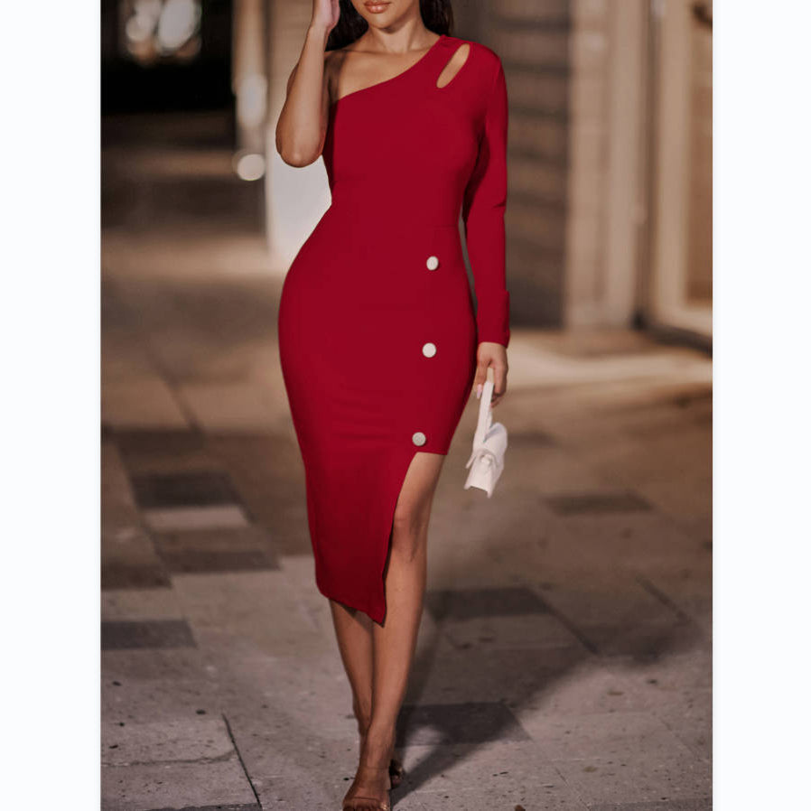 Sexy Slanted Shoulder Hollow Button Bodycon Dress Wholesale Dresses