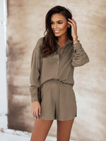 Lapel Collar Long Sleeve Button Down Cotton Linen Shirts and Shorts Wholesale Two Piece Sets