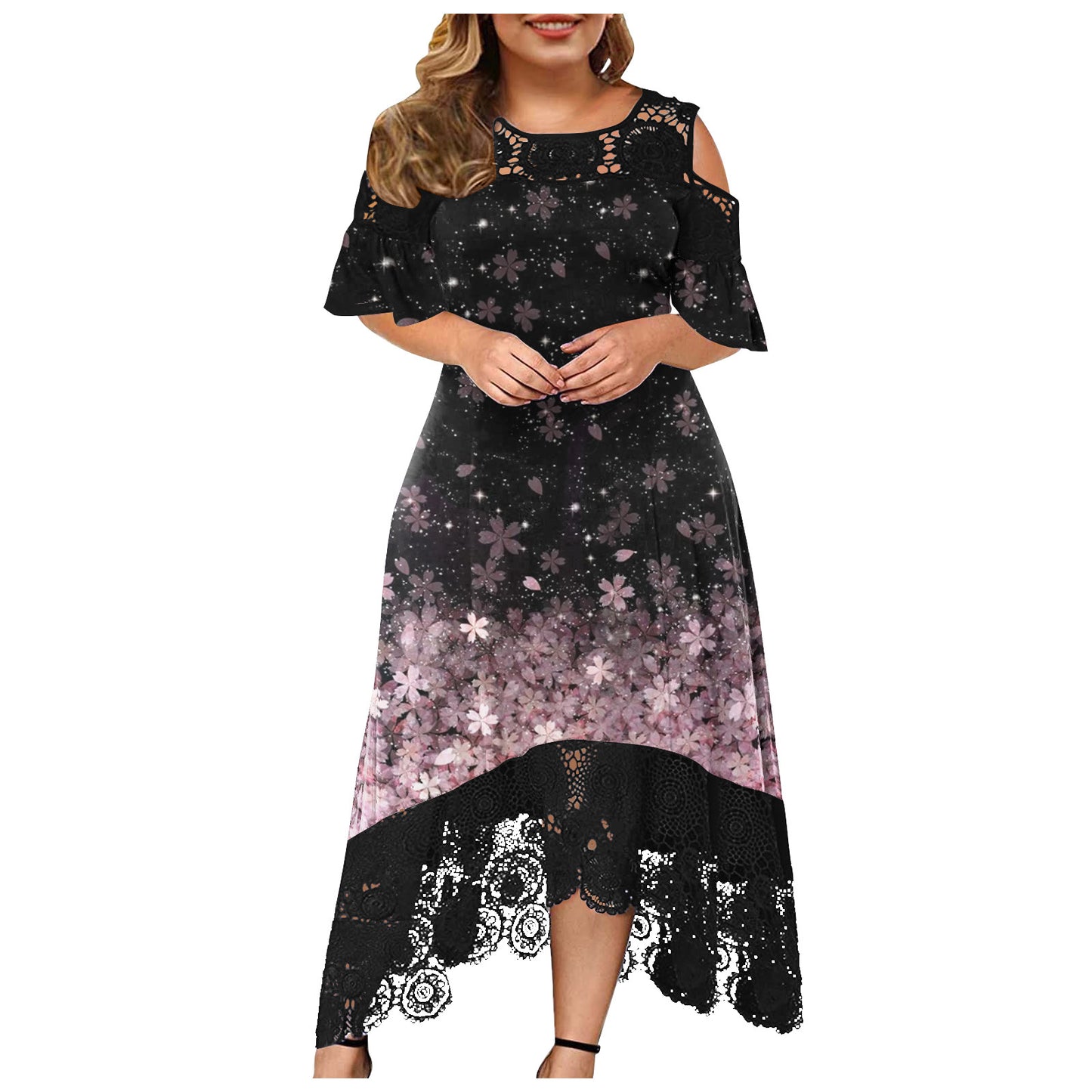 Printed Lace Stitching Fashion Curvy Dresses Wholesale Plus Size Clothing