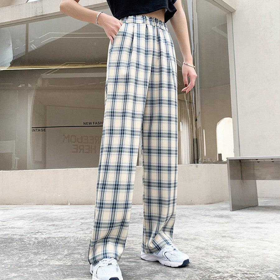 Plaid Print Loose Casual Straight Leg Trousers Wholesale Pants