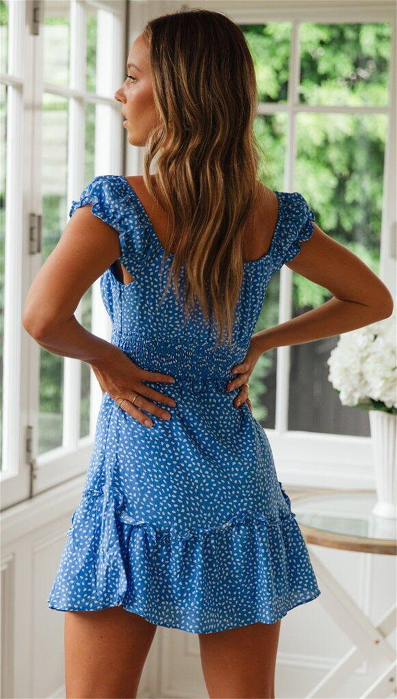 Summer Printed Lace-Up U Neck Puff Sleeve Chic Ruffled Dress Wholesale Dresses