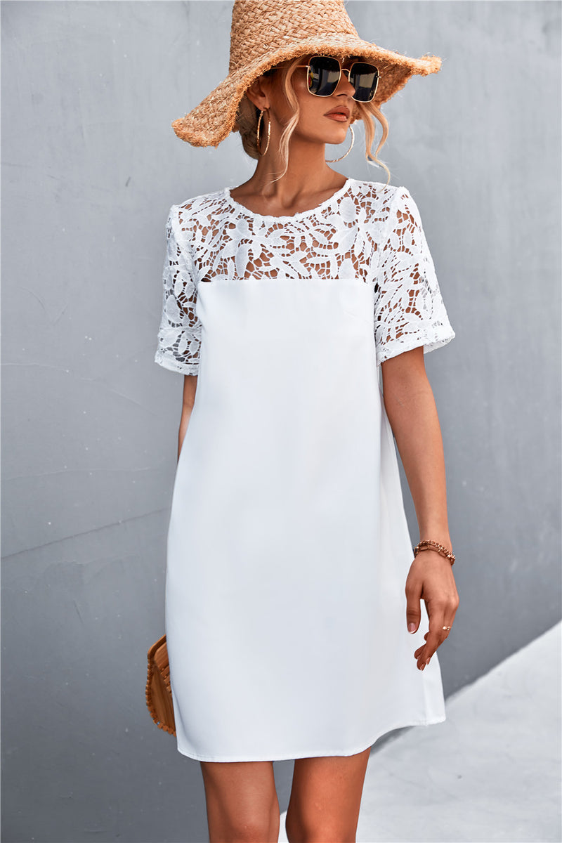 Short Sleeve Round Neck Loose Lace Stiching A-Line Dress Elegant Wholesale Dresses
