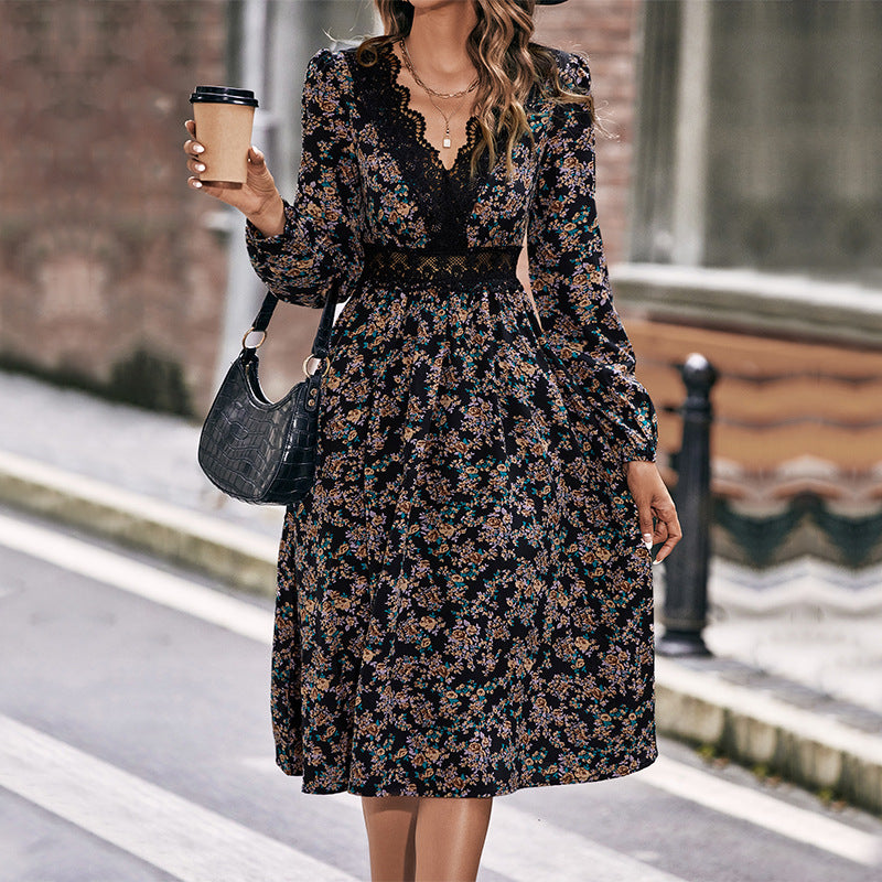 Lace Trim V Neck Long Sleeve Waist Midi Floral Dress Wholesale Dresses