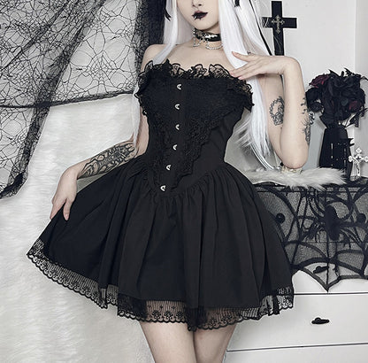 Gothic Punk Dark Style Jacquard Slim-Fit Lace Suspender Dress Wholesale Dresses