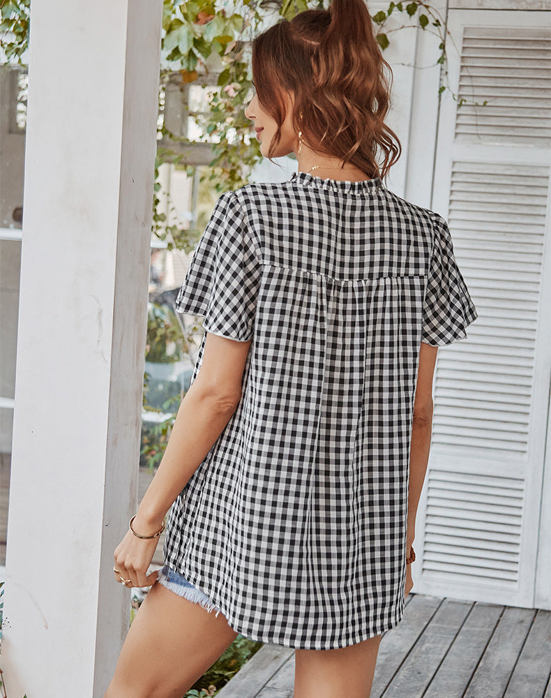 Short Sleeve Plaid Printed Wholesale Blouse Casual Women Clothing