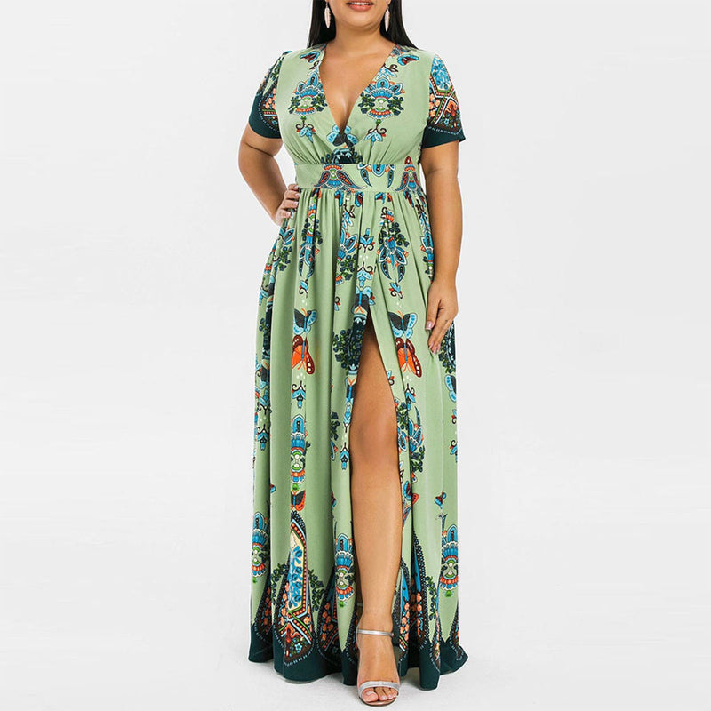 Printed Women Curvy Slit Maxi Dresses Wholesale Plus Size Clothing
