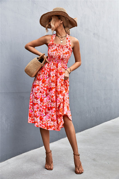 Halterneck Floral Printed Resort Off Shoulder Ruffled Dress Holiday Wholesale Dresses