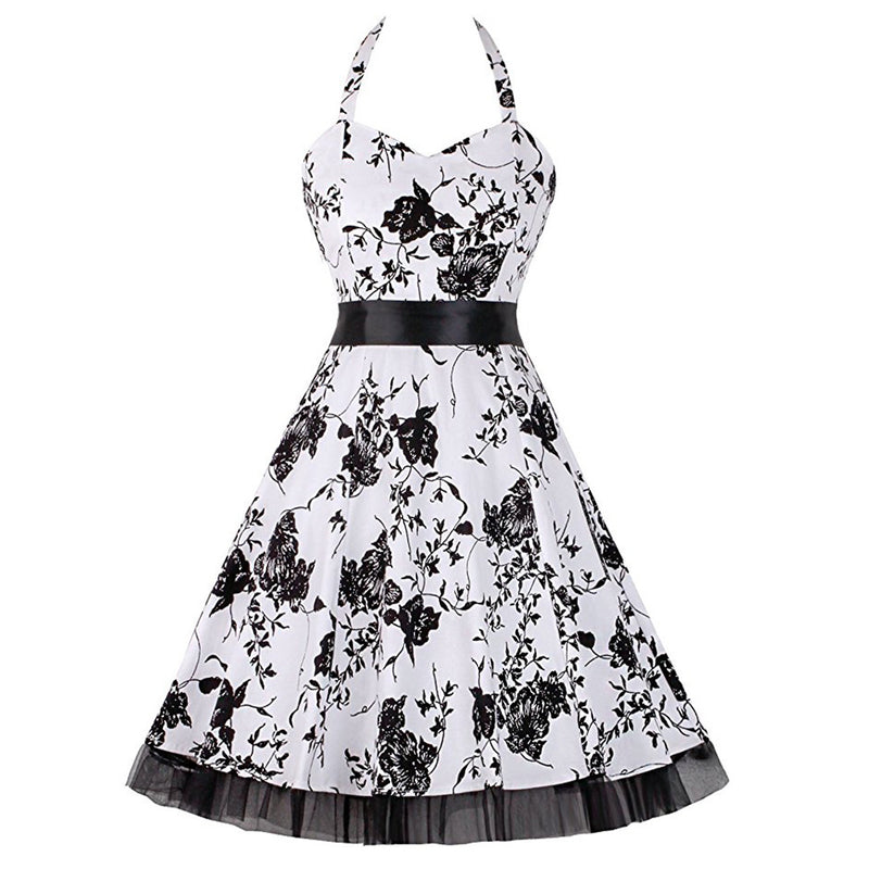 Retro Print Halterneck Mesh Dress Slim High Waist A-Line Swing Wholesale Dresses