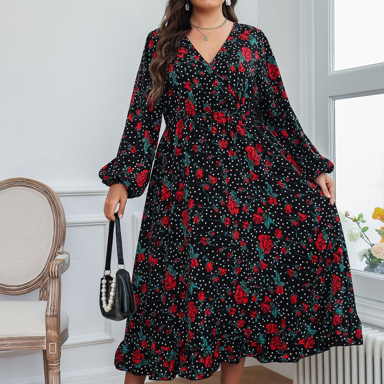 Floral Print Long Sleeve V Neck Wholesale Plus Size Dresses