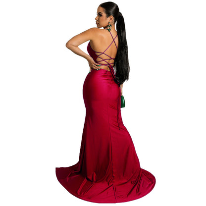 Low Cut V-Neck Solid Color Slit Sling Evening Dress Wholesale Maxi Dresses