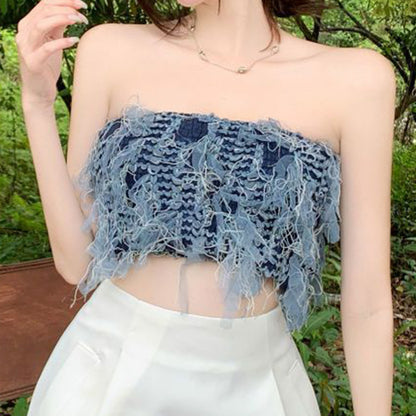 Stylish Niche Denim Stitching Strapless Tube Top Crop Top Wholesale Women Top