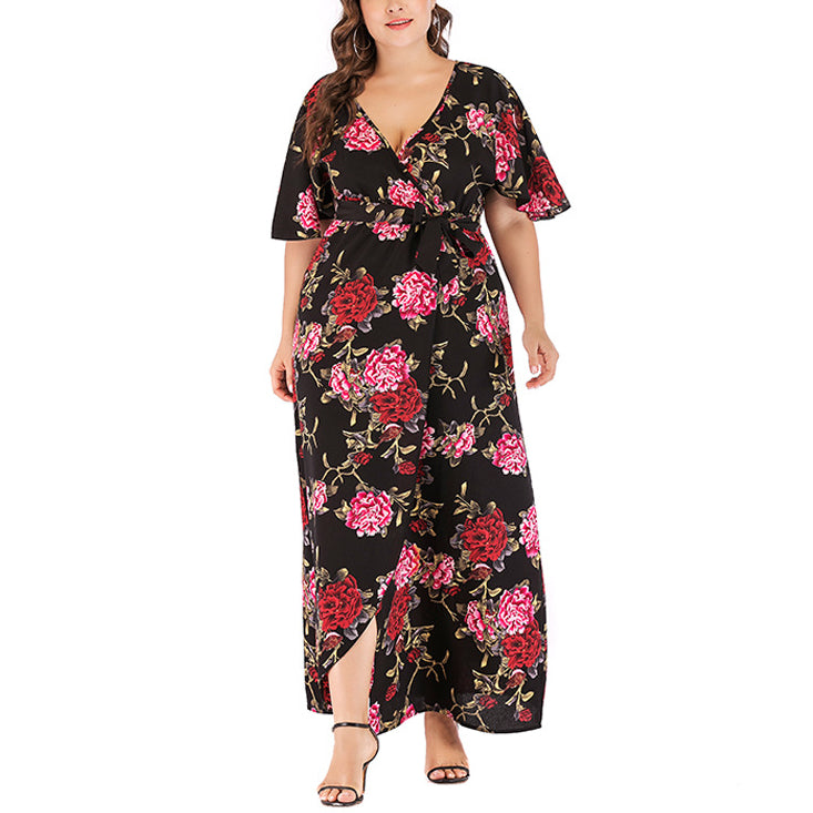 Wholesale Women'S Plus Size Clothing Printed V-Neck Short Sleeve Bohemian Slit Tie Wrap Dress