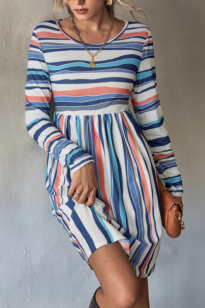 Classic Simple Casual Long-Sleeved Striped Color Contrast Dress Wholesale Dresses