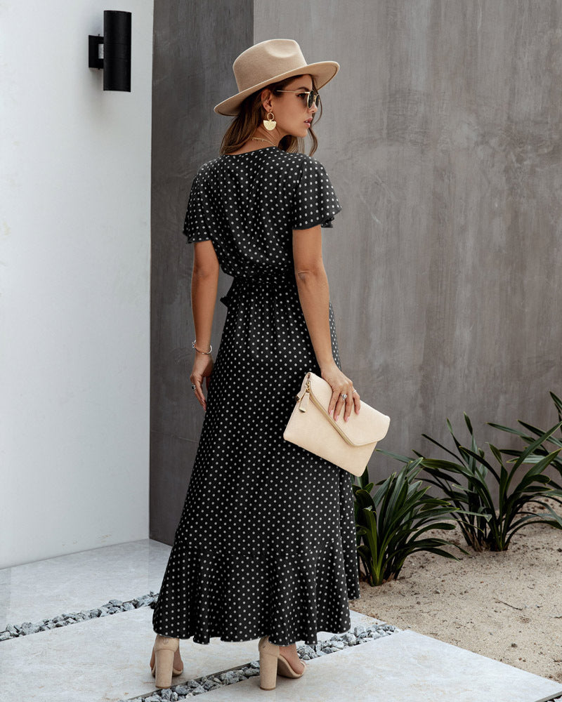 Sexy V-Neck Polka Dots Print Short-Sleeved Ruffled Dress Chiffon Wholesale Dresses