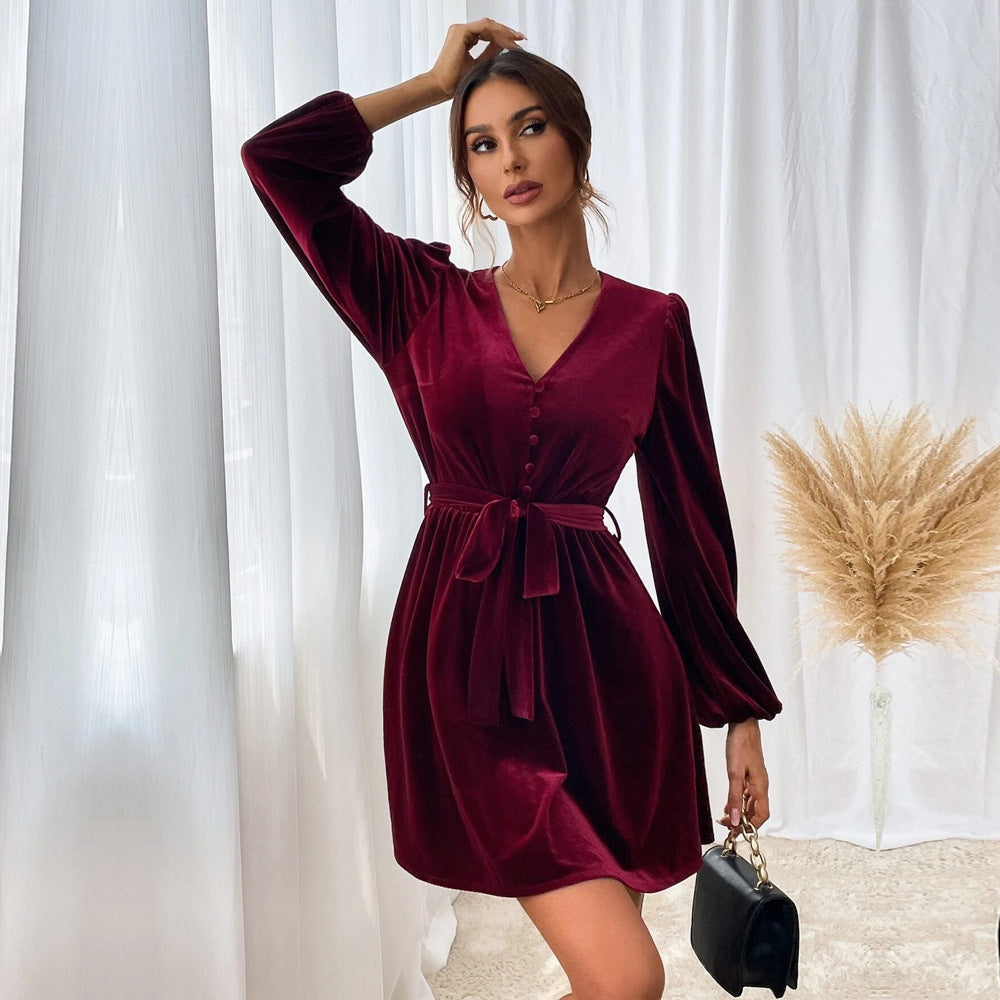 V-Neck Tie-Up Waist Long-Sleeve A-Line Dress Wholesale Dresses