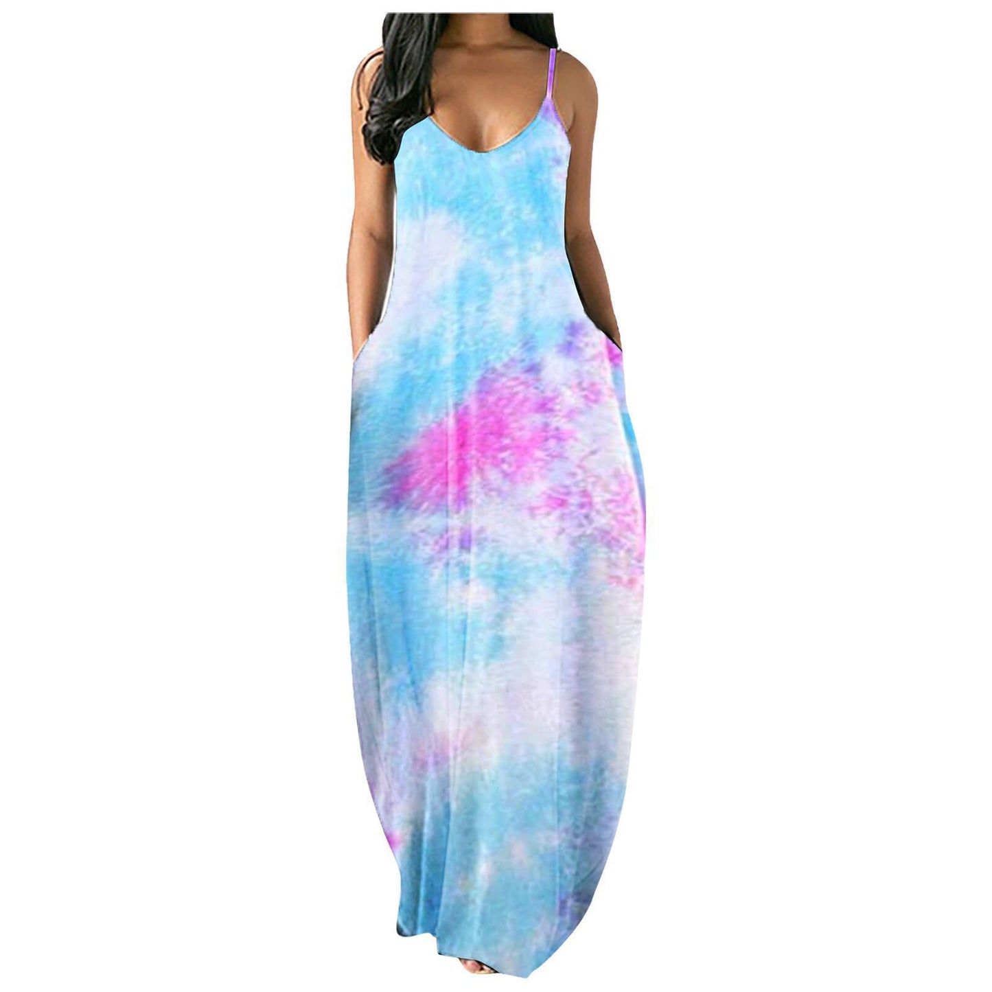 Tie Dye Print Loose U Neck Sling Dress Wholesale Maxi Dresses