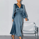 V-Neck Slim-Fit Elegant Lantern-Sleeved Midi  Dress Wholesale Dresses