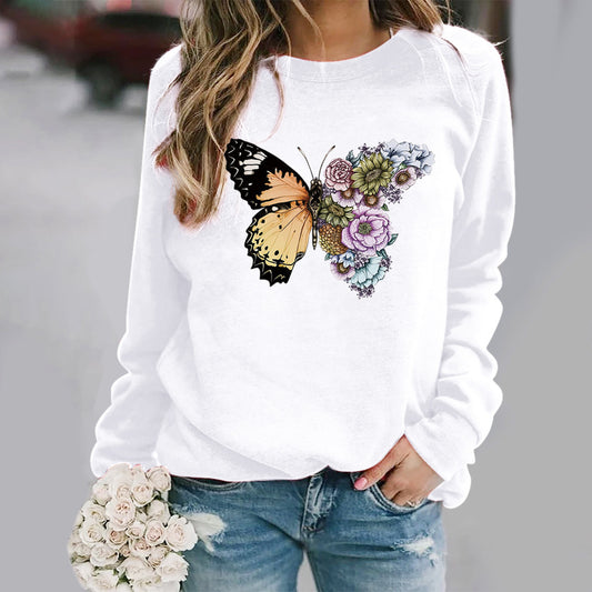 Butterfly Print Long Sleeve Crew Neck Casual Tops Wholesale Womens Sweatshirts Loose