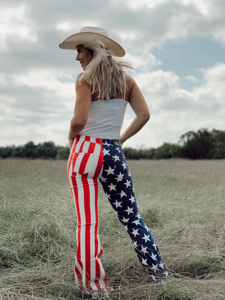 Slim Fit Tie American Flag Printed Denim Trousers Independence Day Womens Pants Wholesale Flared Jeans